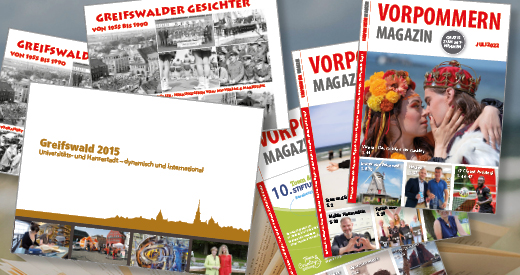 Collage aus Ausgaben des Vorpommern-Magazins und weiteren Titeln des MV Verlag & Marketing